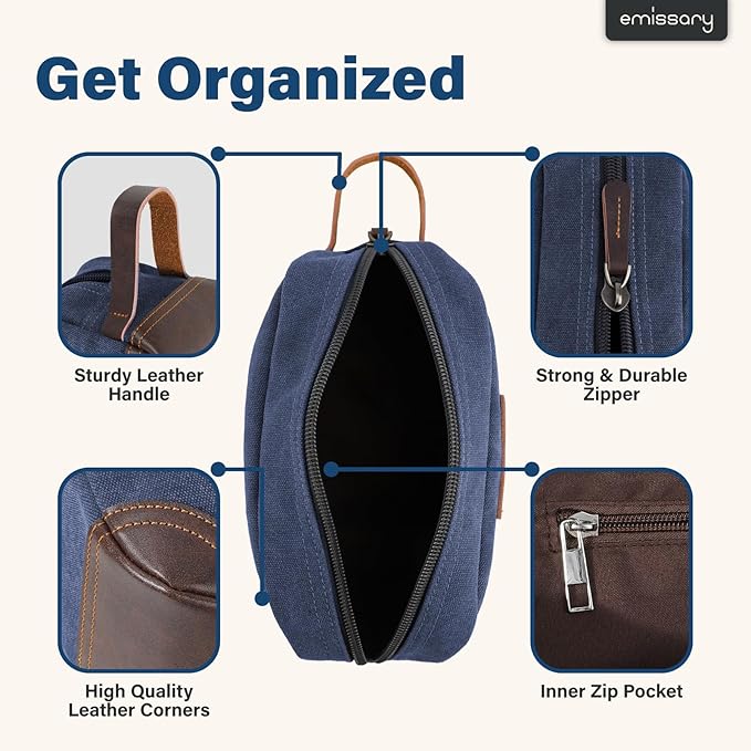 emissary Men's Toiletry Bag, Leather and Canvas Travel Toiletry Bag, Dopp Kit for Men, Travel Bathroom Bag Men's Shaving Kit, Travel Kit Small Bags for Men, Shaving Bag for Travel Accessories (Blue)