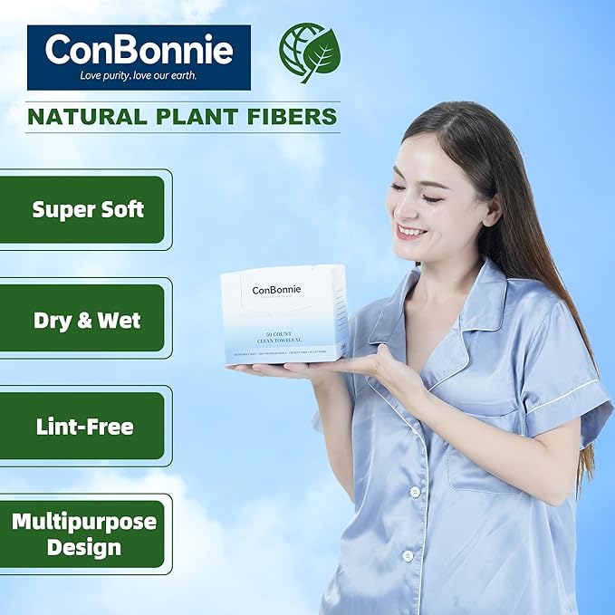 Conbonnie Clean Face Towels XL, Thickened Design, 10"×12" Biobased Facial Towels, Disposable Face Towelette, Makeup Remover Dry Wipes for Skin Care, Clean Skin, 50 Count (1 Pack)