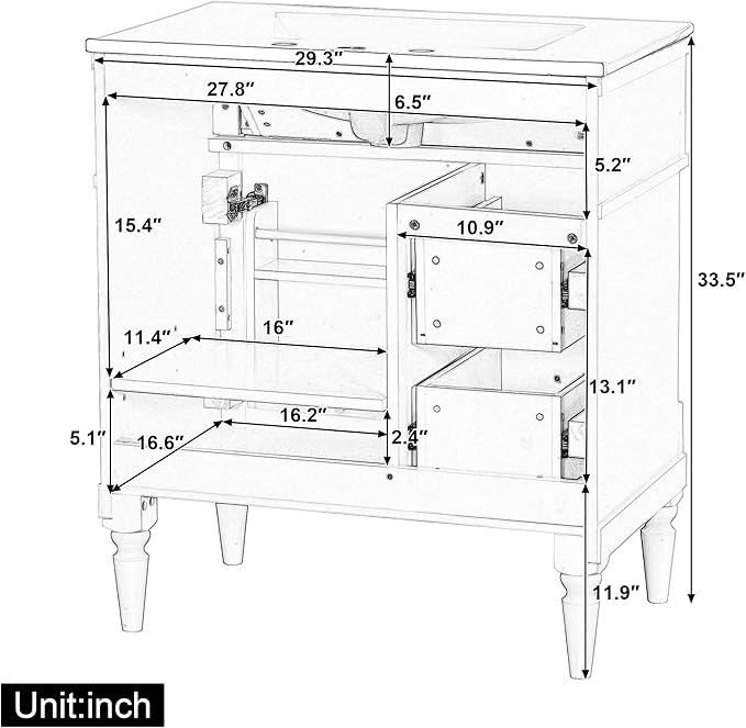 Harper & Bright Designs 30" Bathroom Vanity with Sink, Free Standing Bathroom Vanity Set with Flip Drawer, 2 Drawers, and Adjustable Shelf, Wood Storage Cabinet with Ceramic Basin for Bathroom, White