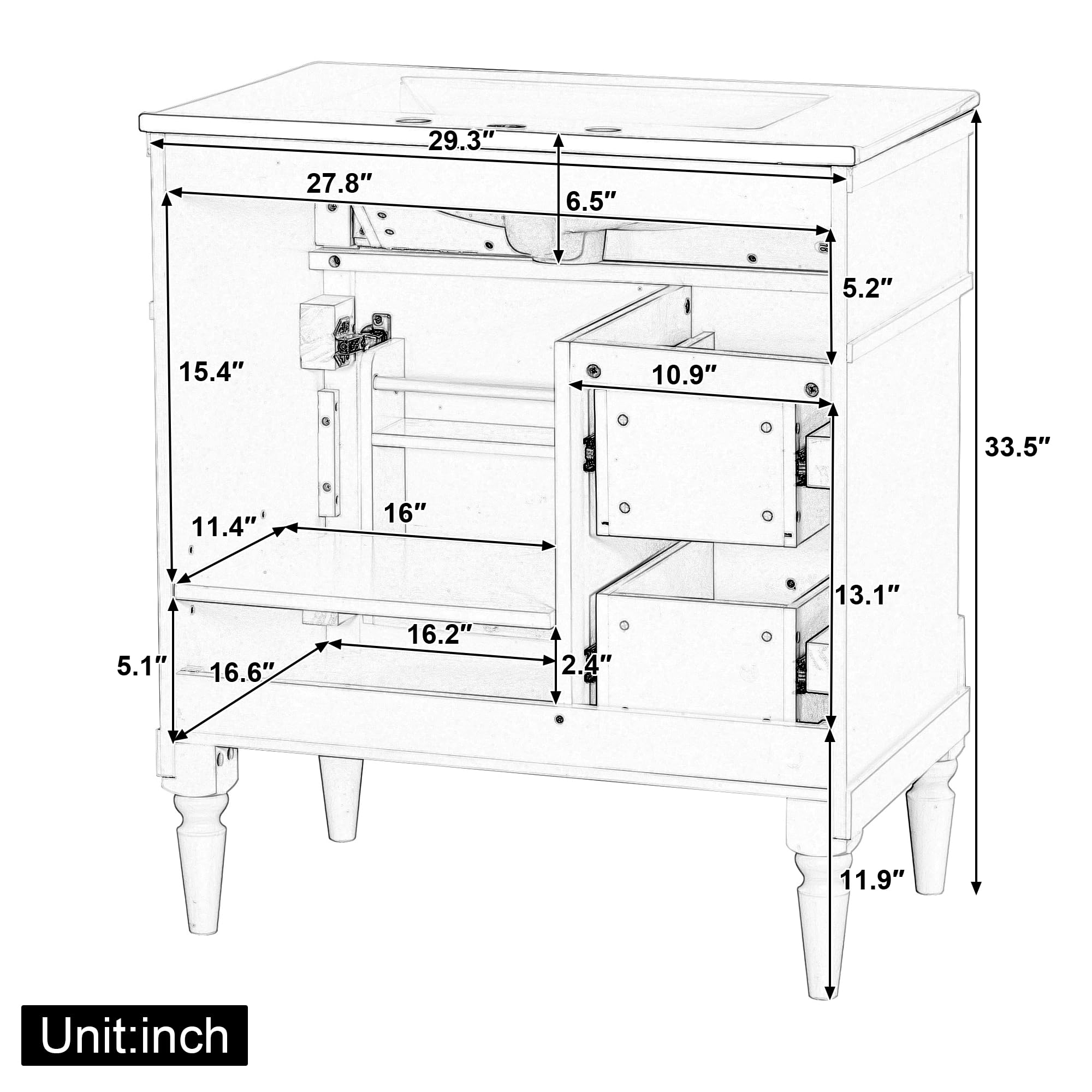 Harper & Bright Designs 30" Bathroom Vanity with Sink, Free Standing Bathroom Vanity Set with Flip Drawer, 2 Drawers, and Adjustable Shelf, Wood Storage Cabinet with Ceramic Basin for Bathroom, Black