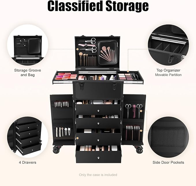 QUEWATSA Rolling Makeup Case Large Storage Cosmetic Trolley, Rolling Lockable Makeup Train Case, Stylist Beauty Salon Cosmetic Luggage Travel Organizer Tool Box