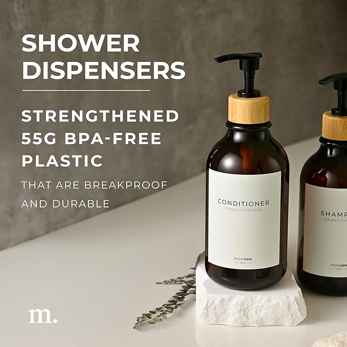 Shampoo and Conditioner Bottles Set of 3 Amber Bamboo – Shower Shampoo Dispenser – Hotel Style Bathroom Upgrade by MaisoNovo