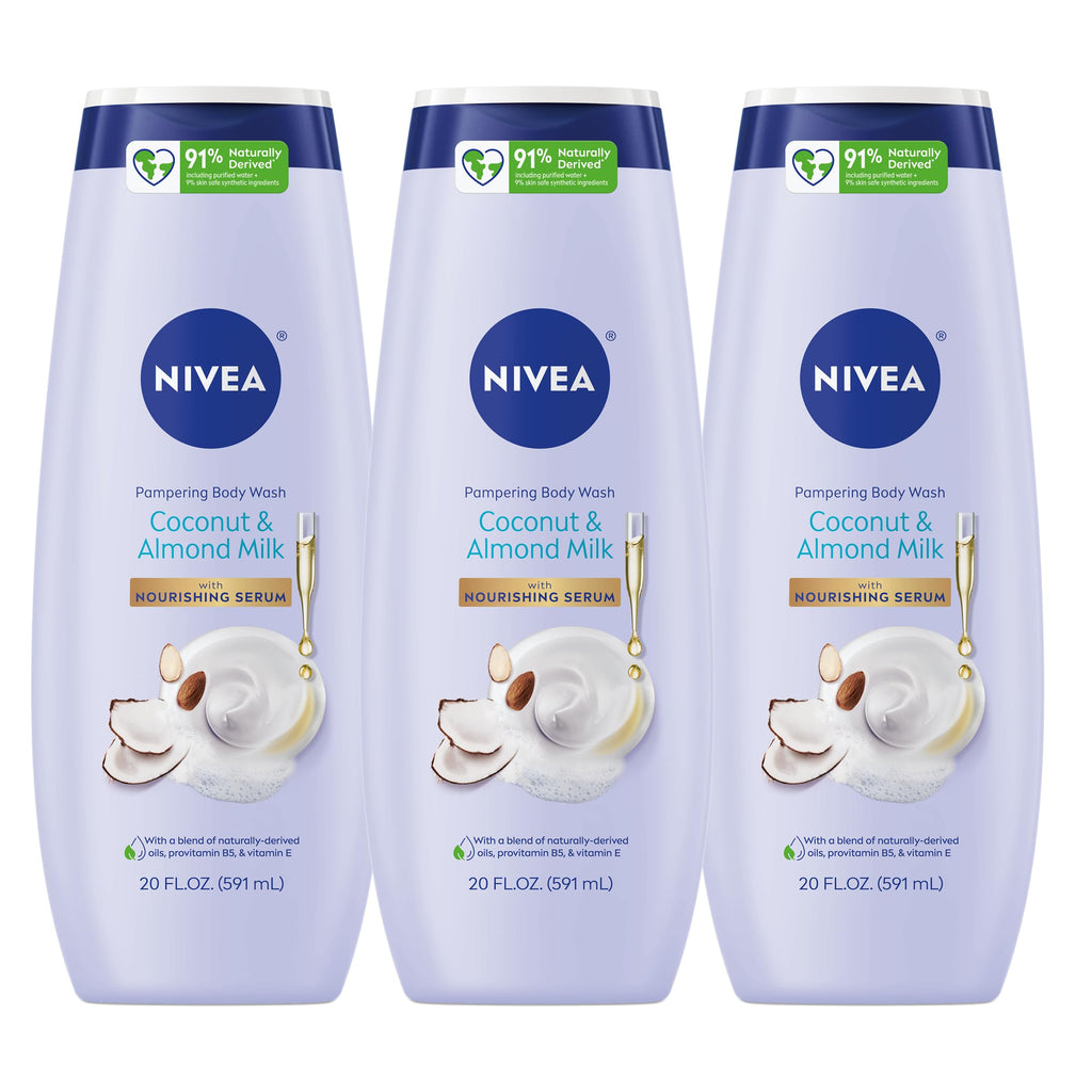 NIVEA Pampering Coconut and Almond Milk Body Wash, Multipack, 3 x 20 FL OZ