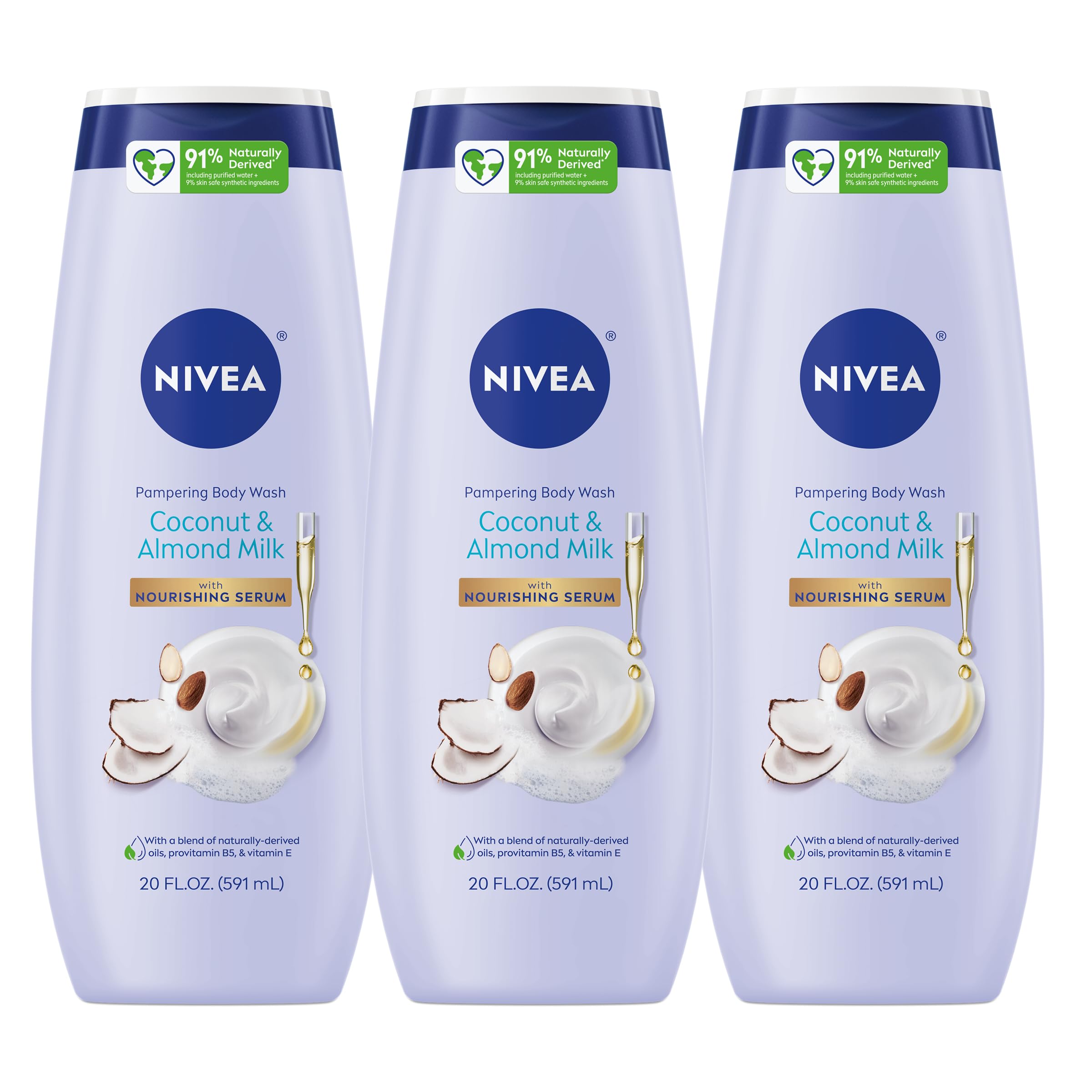 NIVEA Pampering Coconut and Almond Milk Body Wash, Multipack, 3 x 20 FL OZ