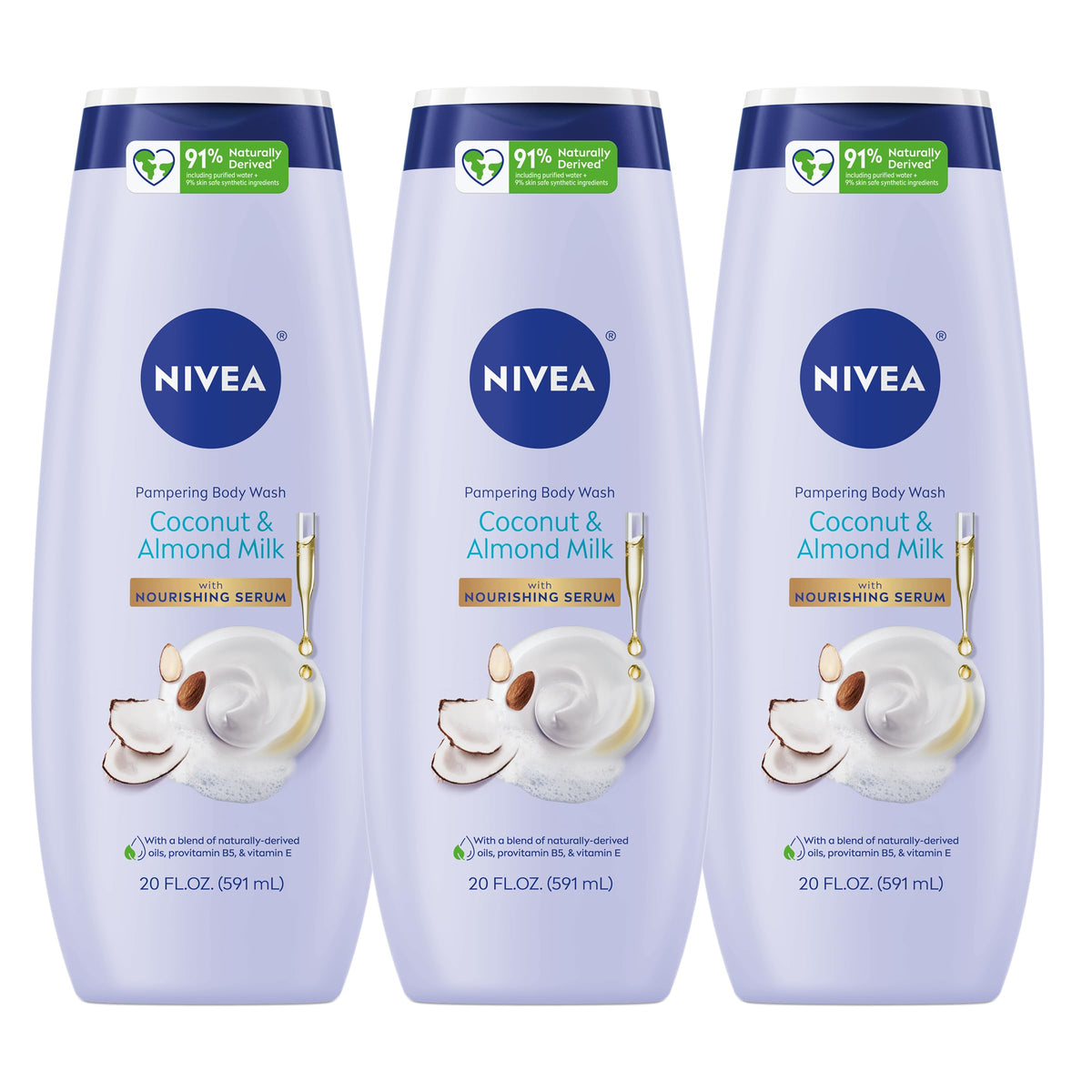 NIVEA Pampering Coconut and Almond Milk Body Wash, Multipack, 3 x 20 FL OZ