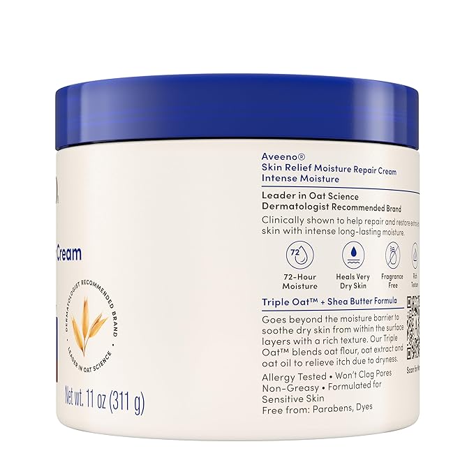 Aveeno Skin Relief Intense Moisture Repair Body Cream with Triple Oat & Shea Butter Formula, Moisturizing Cream Heals & Restores Very Dry Skin with Long-Lasting Moisture, Fragrance-Free, 11 Oz