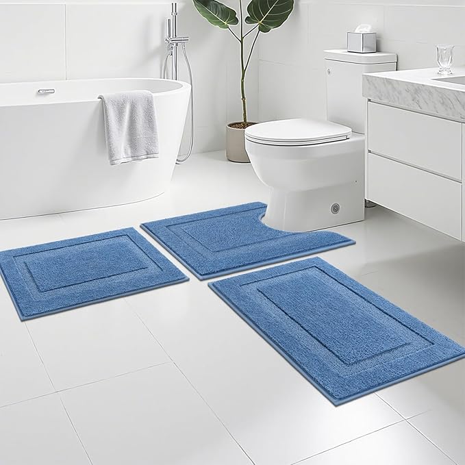 SHACOS Blue Bathroom Rugs Sets 3 Piece Small Bath Mat U Shaped Toilet Rug