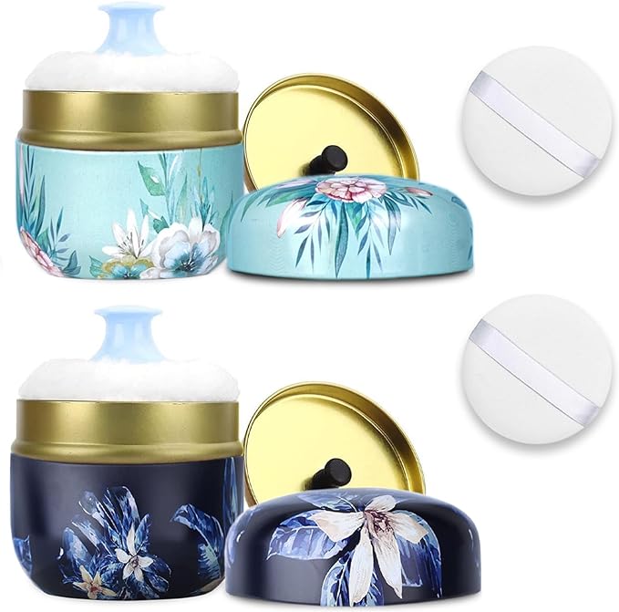 SHIMIDO Body Powder Puff and Container, 3.15" Portable Empty Body Powder Container for Baby Women's Loose Dusting Powder, Powder Case Box with Lids for Bath, Travel and Home Use (Dark&Big Flower)