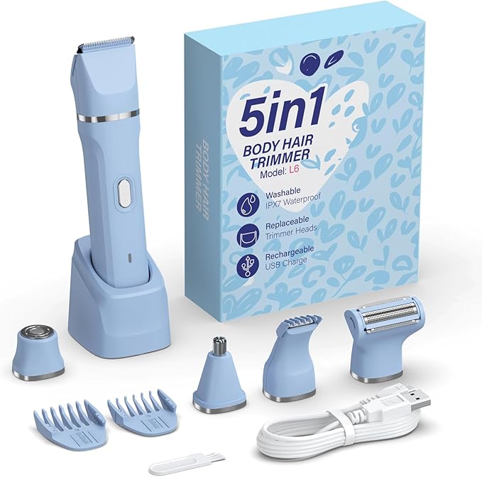HOHOLE 5-in-1 Bikini Trimmer for Women, IPX7 Waterproof Electric Razors Shaver, Cordless Body Hair Trimmer, Facial & Pubic Hair Removal, Ceramic Blade (Sky Blue)