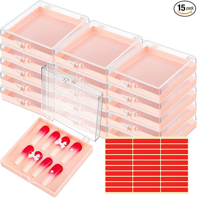 Landhoow 15 Pcs Press on Nail Storage Box with Adhesive Double Sided Tape Acrylic Artificial False Nail Packaging Display Case Organizer for Home Business Salon Supplies (Pink)
