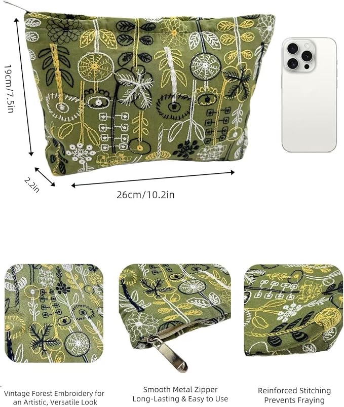 RIKMOXR Embroidery Floral Makeup Bag for Women - Large Cosmetic Pouch | Compact Travel Toiletry Organizer (Zipper Gift for Girls Teens) ﻿