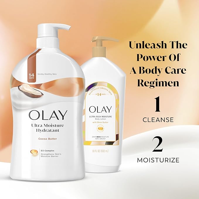 Olay Body Wash for Women, Ultra Moisture, 24/7 Moisture Barrier Repair, Hydrating Formula for Visibly Healthy Soft Skin, Vitamin B3 & Hyaluronic Blend, For All Skin Types, Cocoa Butter Scent, 35 fl oz