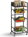 Sunexinlo 4-Tier Kitchen Rolling Cart with 3 Pull-Out Wire Baskets, Wooden Top and 360° Wheels, Narrow Kitchen Storage Cart for Fruit, Vegetable, Pantry, Bathroom, Laundry Room, Rustic Brown
