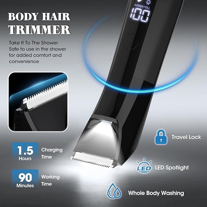 QREEYX Beard Trimmer for Men Groin & Body Hair Trimmer, Nose & Ear Clipper Head Razors for Bald Men, 5 in 1 Waterproof Manscape Kit with Travel Case, LED Display, Grooming Kit Gift for Him