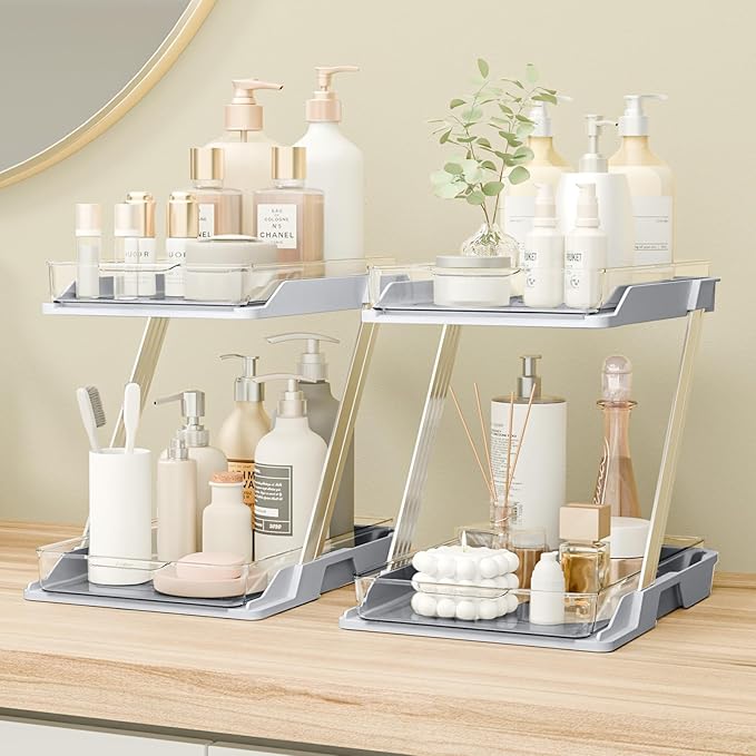 AUGBEAN 2 Pack Bathroom Organizers and Storage - Multi-Purpose,2-Tier Clear Pull Out Organization for Bathroom,Under Sink,Kitchen,Vanity,Countertop,Cabinet,Pantry & Medicine Cabinet,Grey