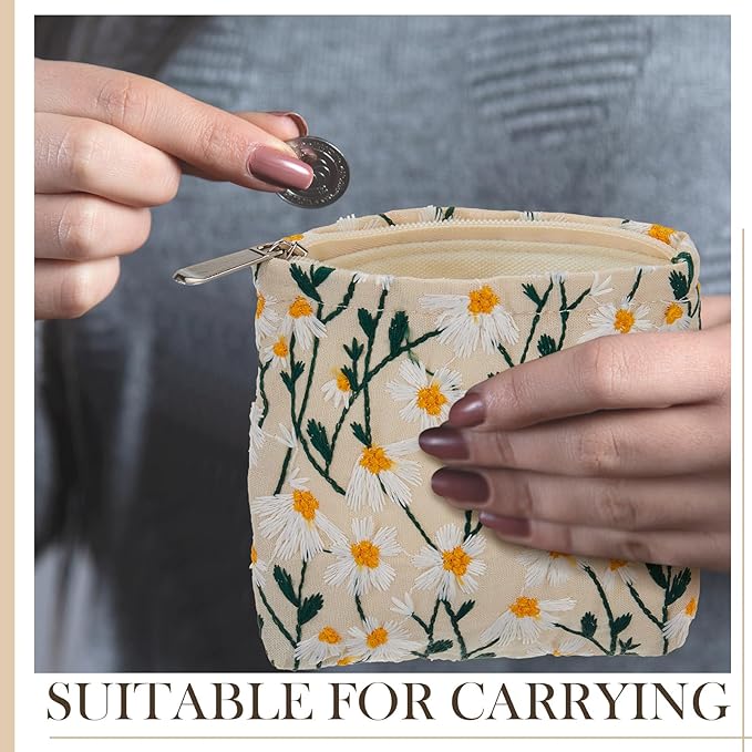 Abbylike 4 Pcs Small Makeup Bag Corduroy Cosmetic Pouch with Zipper Portable Little Bags for Purse Mini Pouch Cute Makeup Purse for Coin Essentials Items Women (Embroidery)