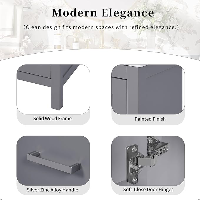 Bellemave 24" Bathroom Vanity with Sink Combo Set, Solid Wood Frame Bathroom Storage Cabinet with a Drawer, 2 Soft Closing Cabinet Doors with Organizer, Grey