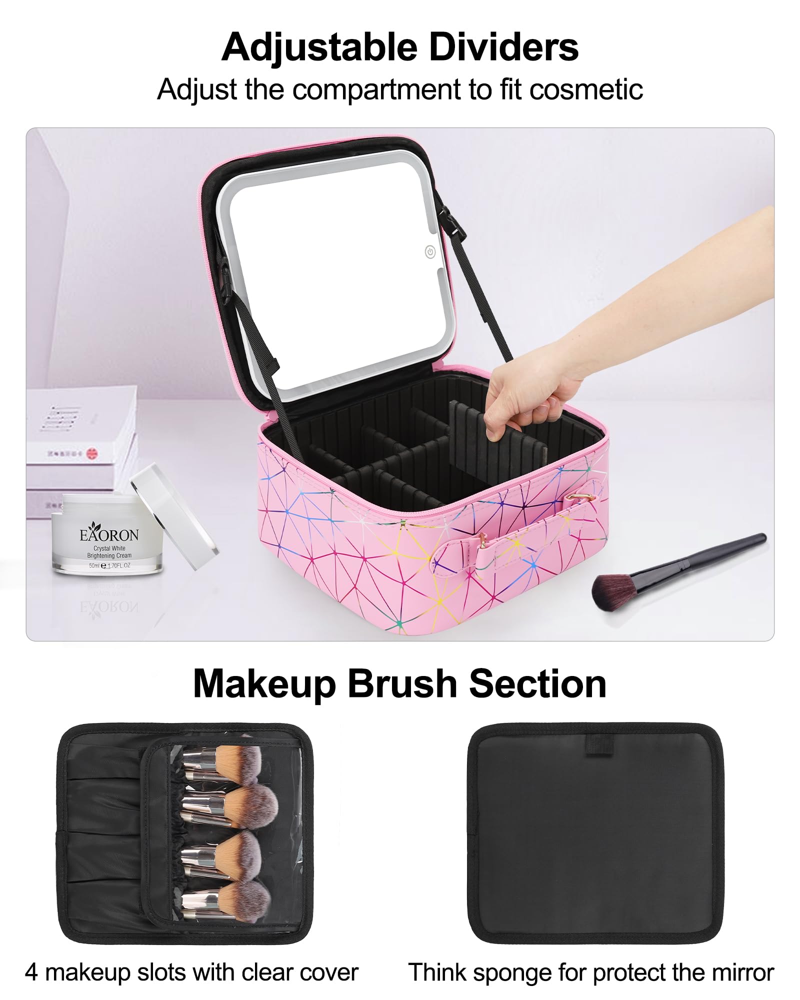 Relavel Travel Makeup Bag with LED Mirror, Portable Cosmetic Train Case with 3 Color Lighted Brightness Mirror, Makeup Artist Organizer Storage with Adjustable Dividers Make Up Box - Pink Geometric