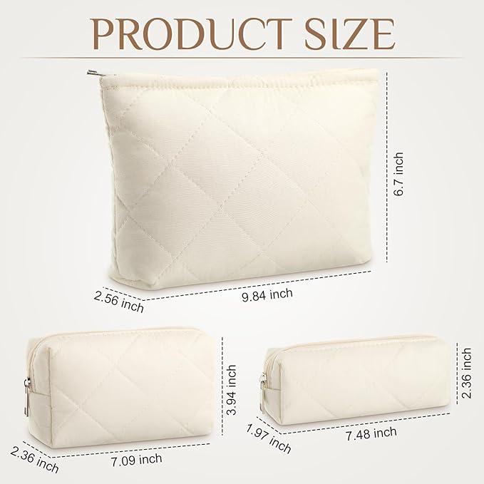 Paterr 3 Pcs Quilted Makeup Bag Set Back to School Favor Small Bridesmaid Cosmetic Bag Aesthetic Travel Pouch Cute Purse Pencil Case Makeup Storage Organizer for Women Birthday Gift(Cotton,Beige)