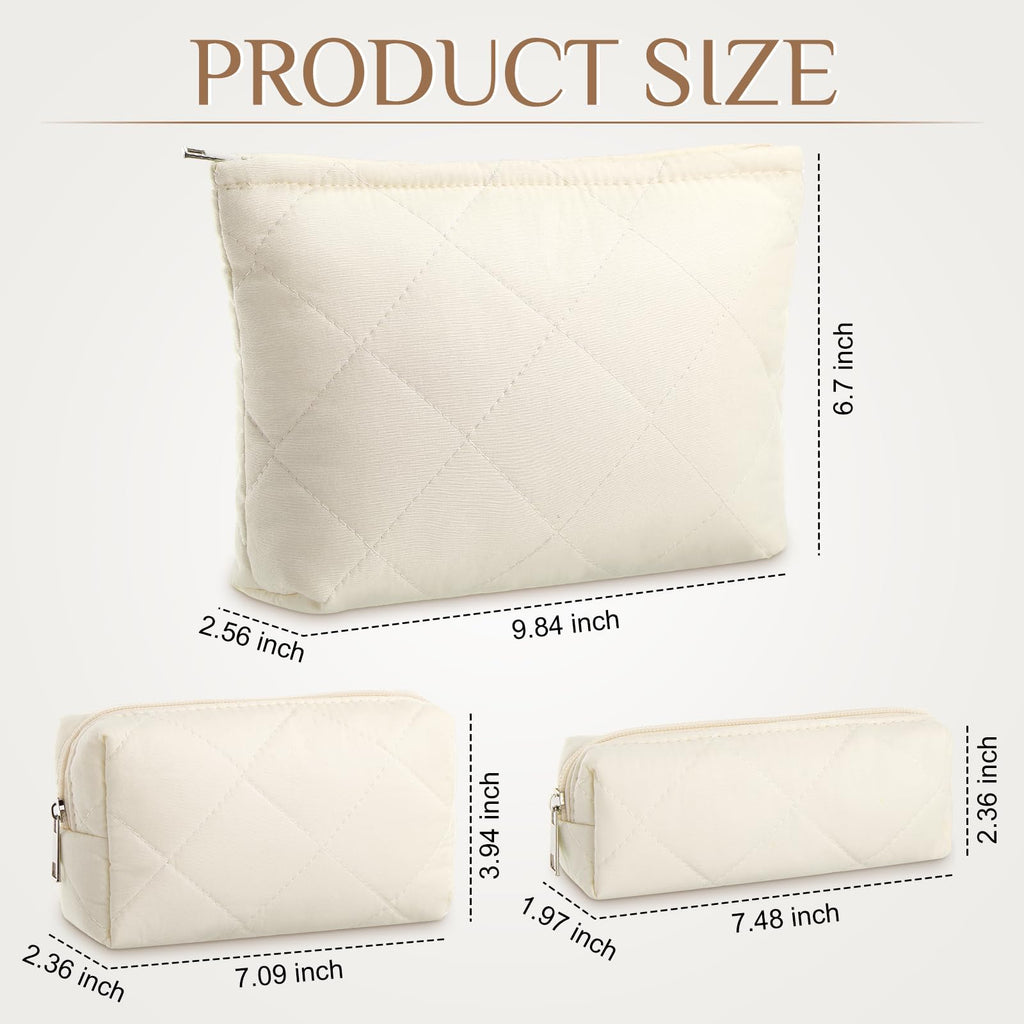 Paterr 3 Pcs Quilted Makeup Bag Set Back to School Favor Small Bridesmaid Cosmetic Bag Aesthetic Travel Pouch Cute Purse Pencil Case Makeup Storage Organizer for Women Birthday Gift(Cotton,Beige)