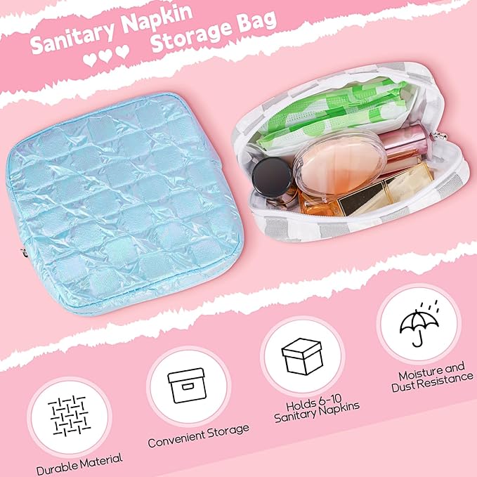 Desing Wish Sanitary Napkin Storage Bag Polyester Fabric Period Bag for Teen Girls Sanitary Pad Pouch for Sanitary Napkins/Tampons/Panty Liners Privacy Protector Pad Bag (Bubble-Check, Pink)