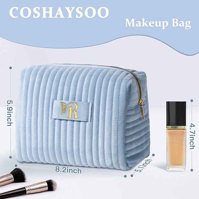 COSHAYSOO Travel Makeup Bag Quilted Make Up Pouch Initial Cosmetic Case for Women Hair Eyebrow Eyeshadow Brushes Powder Foundation Blush Bronzer Contour Palette Items Organizer Blue Letter R