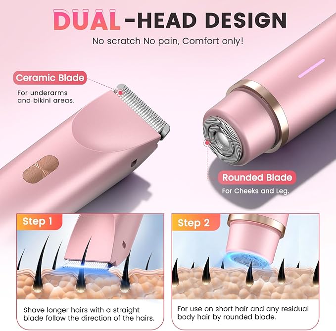 Bikini Trimmer for Women, Painless Electric Razor for Women with Dual Head, IPX7 Waterproof Pubic Body Hair Trimmer Electric Shaver for Legs/Arm/Underarm (Pink)