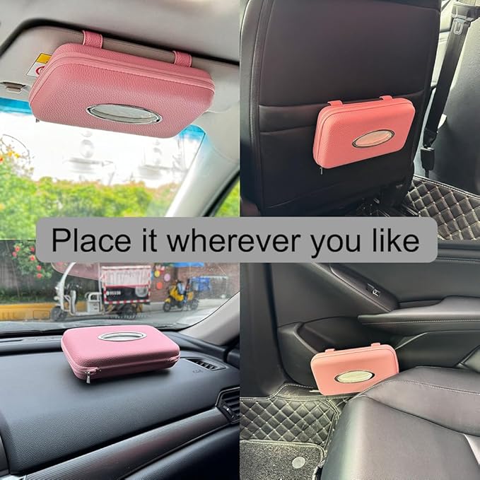 Sun Visor Tissue Holder, Zipper Napkin Holder, PU Leather Backseat Tissue Case for Vehicle (Pink)