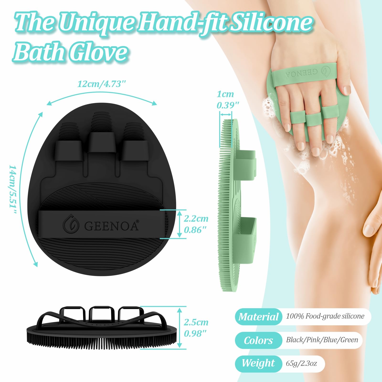 GEENOA New Silicone Body Scrubber 4PCS, 360° Anti-Slip & Enlarged Exfoliating Bath Glove for Rich Foaming Deep Cleaning, Revolutionary No-Grip & Hand-fit Shower Scrubber for All Skin Types.(4-Color)