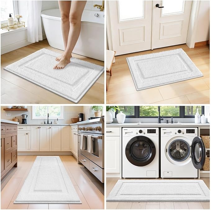 SHACOS Soft Fluffy White Bath Rugs Mats Set of 2 Pieces 16x24 + 20x32 inch, Non Slip Washable Bathroom Rugs, Microfiber Absorbent Bath Rug Plush Floor Rug Carpet