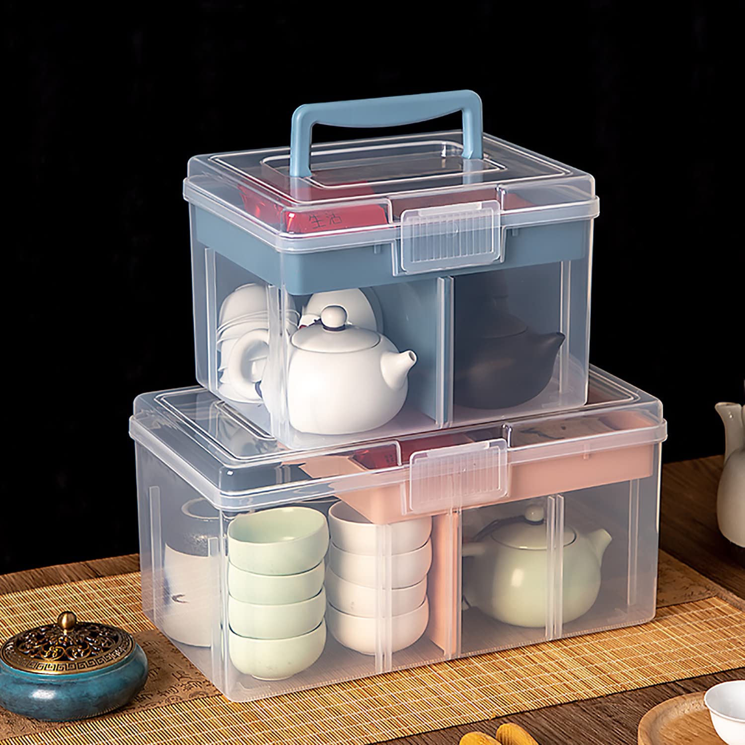 FOREVERIE Clear Small Plastic Storage Box with Handle & A Removable Tray & Adjustable Divider, Kids Students Children Art Box, Desk Organiser Case, Medicine Storage Box (Clear & Ocean Blue)