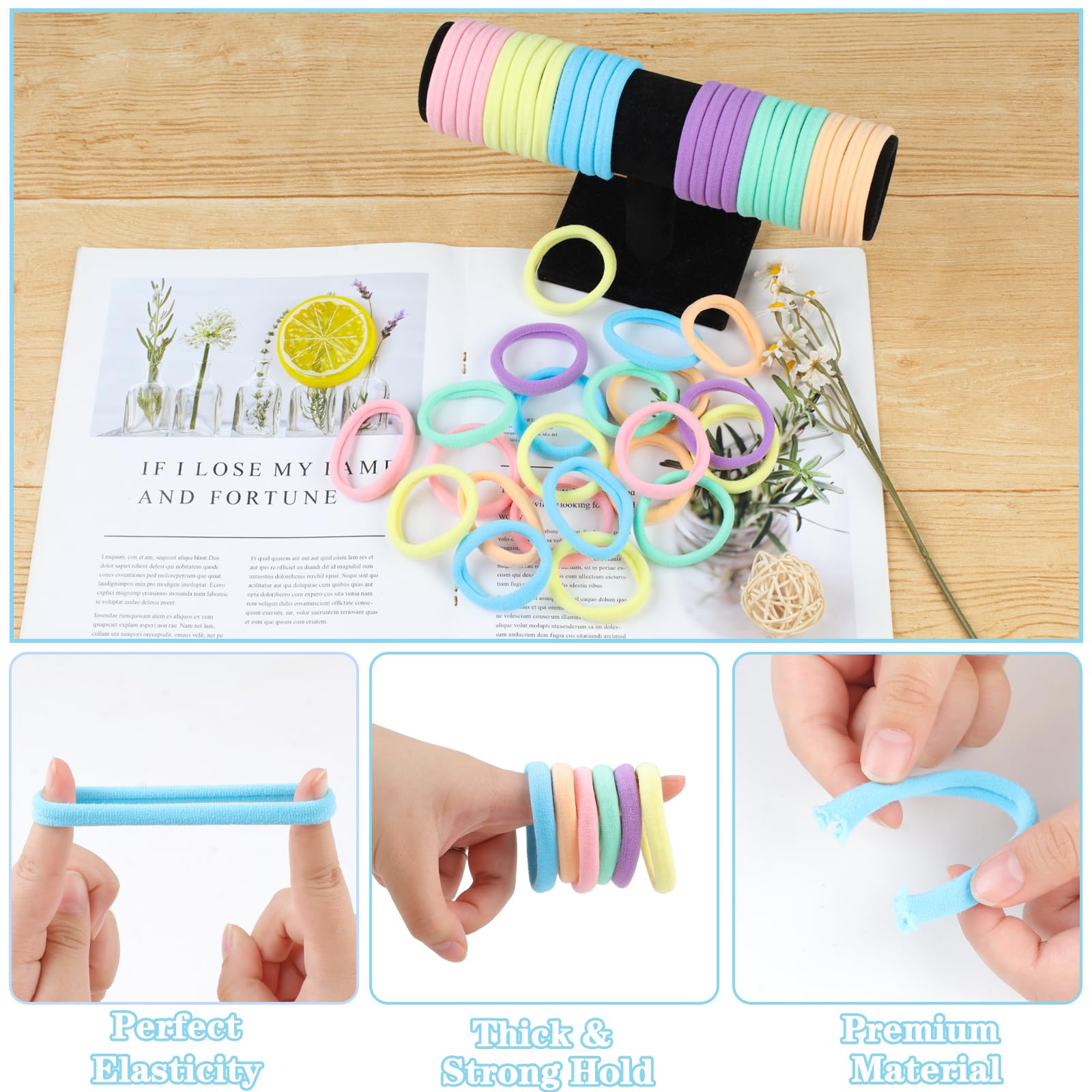 FVOLREM 100PCS Hair Ties for Women, Seamless Cotton Elastic Hair Bands No Damage, Thick Ponytail Holders for Girls, Women - Soft Hair Ties (6 Colors)
