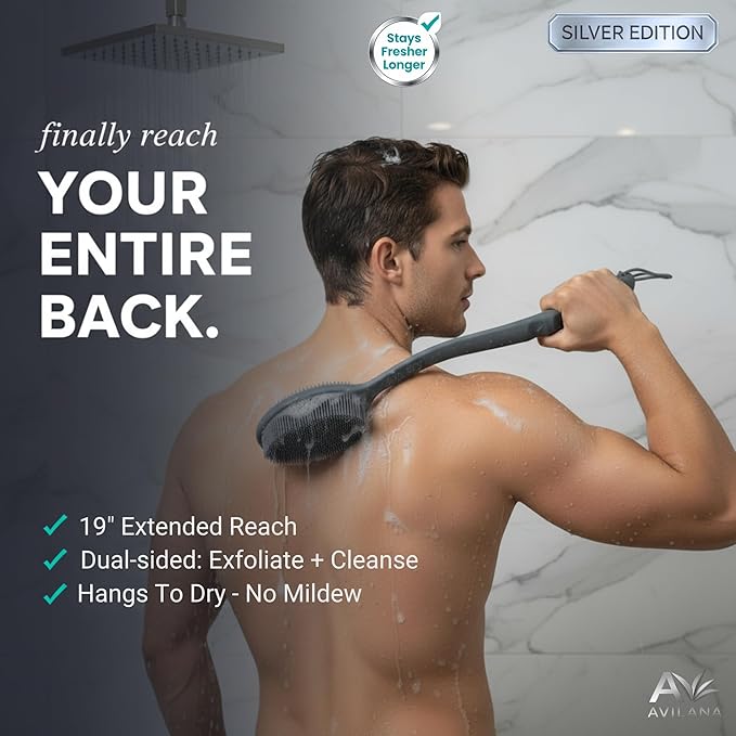 Avilana Silicone Body Scrubber for Shower – SGS Certified Food Grade Dual Sided Bath Brush, Gentle Exfoliating Silicone Loofah Alternative, Sensitive Skin Body Brush (Dark Gray-Silver, Long Handle)