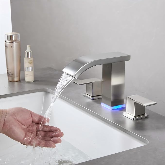 Bathroom faucets 3 Hole Brushed Nickel Vanity Faucet with led Waterfall Bathroom Faucet 3 Hole Sink Faucet Bathroom 8 inch Widespread Modern Parts Touch on 2 Handle
