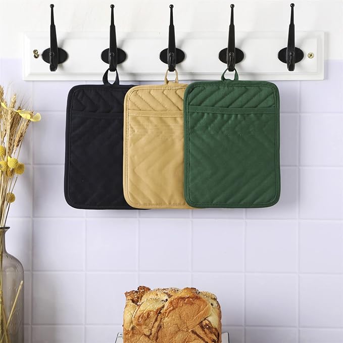 Anyi Pot Holders and Oven Mitts 7" X 9" Heat Resistant Cotton Pocket Pot Holder Set Feature of Non Slip Kitchen Hot Pad Oven Mitts, 3-Pack (Mood Indigo)