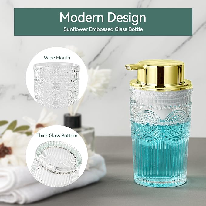 AZMOYAC Glass Foam Soap Dispenser, 8 Oz Face Wash Dispenser for Bathroom, Vintage Glass Clear Foaming Hand Soap Dispenser, Small Refillable Lotion Dish Dispenser for Kitchen (Golden-7 OZ)