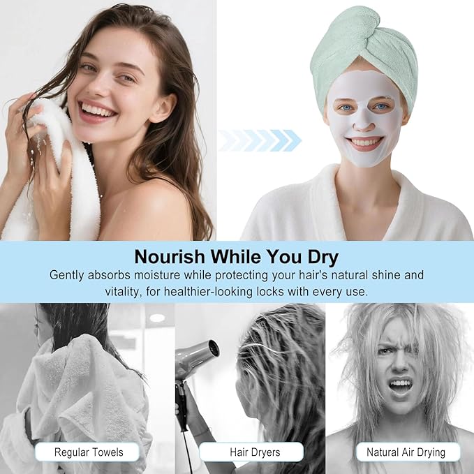 Microfiber Hair Drying Towel Wrap for Women, Hair Turbans Towel for Wet Hair,turbie Twist Hair Towels(The Color of the Picture is for Reference only) (Brown,Light Green)