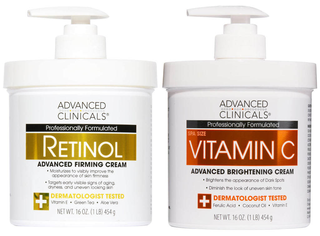 Advanced Clinicals Retinol Body Lotion + Brightening Vitamin C Lotion 2pc Skincare Set For Women & Men | Body Cream & Face Moisturizer Set Helps Improve The Look Of Dark Spots & Uneven Skin Tone, 2PC