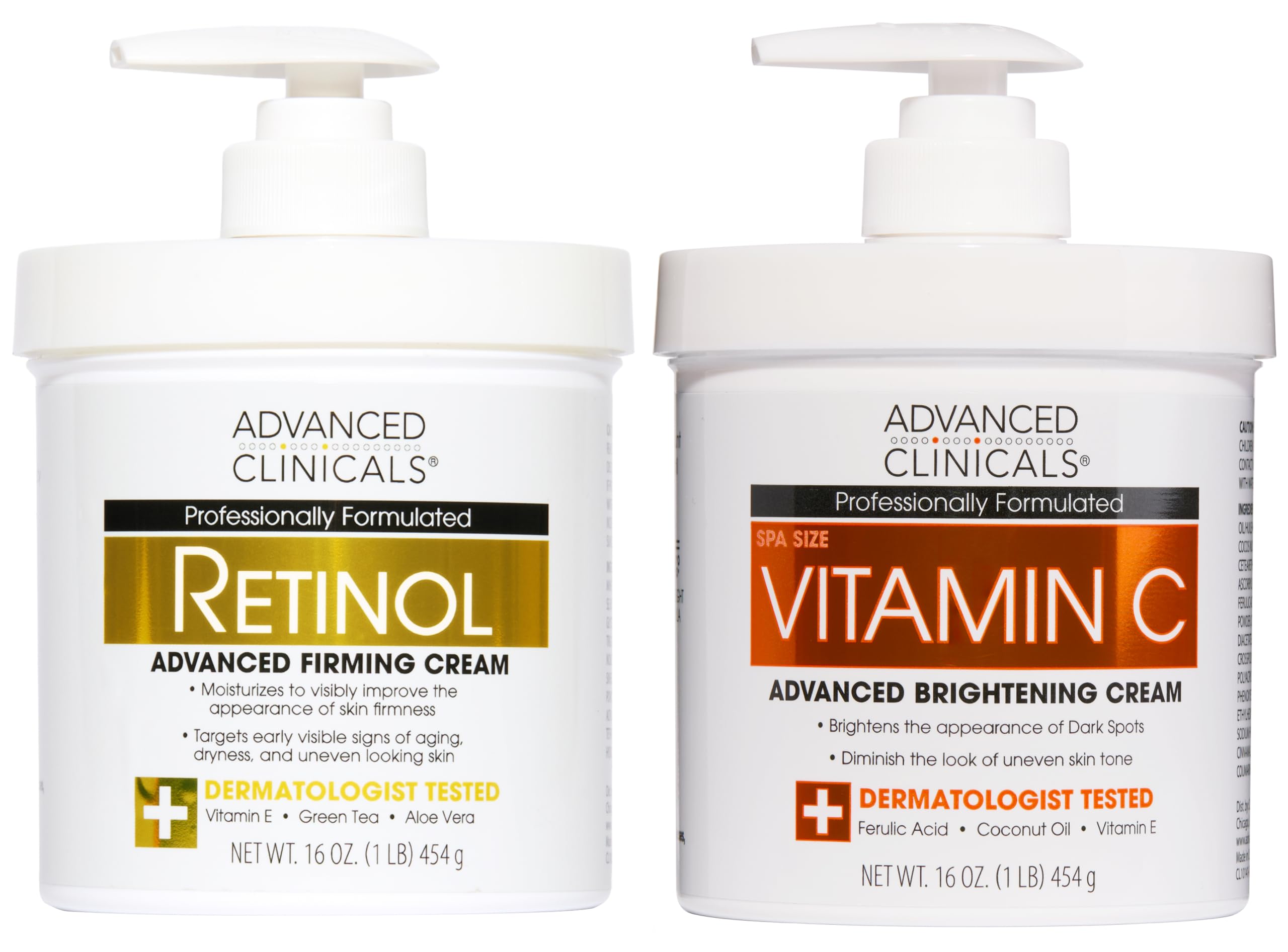 Advanced Clinicals Retinol Body Lotion + Brightening Vitamin C Lotion 2pc Skincare Set For Women & Men | Body Cream & Face Moisturizer Set Helps Improve The Look Of Dark Spots & Uneven Skin Tone, 2PC
