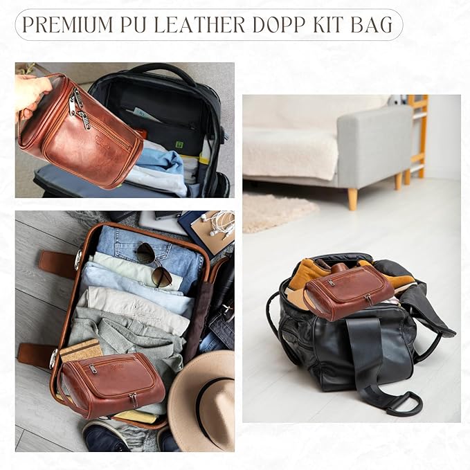 Mens Toiletry Bag, Compact Dopp Kit for Men Travel, PU Leather Shaving Kit, Water-Resistant Minimalist Organizer with Wrist Strap, Fits Grooming Essentials,Large 10x6.5x4 Inch Mocha Brown