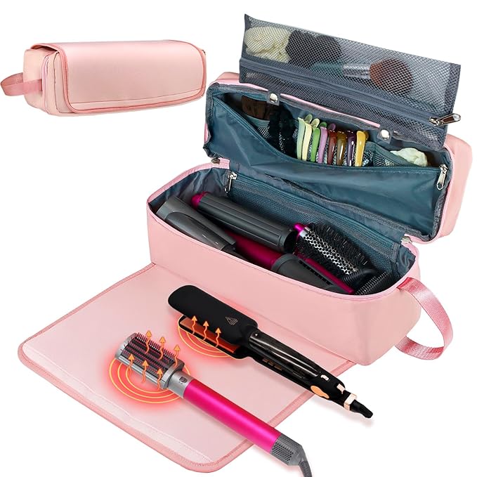 FAMOPLAY Hair Tools Travel Bag with Heat Resistant Pad, Double-Layer Travel Carrying Case for Straightener, Curling Iron, Hair Dryer, Portable Organizer