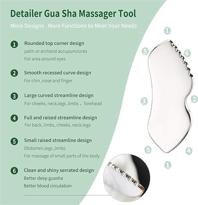 LeMeeOly 2Pcs Gua Sha Facial Tools Stainless Steel, Detailer GuaSha Set for Face Neck, Natural Skin Care Metal Gua Sha Lymphatic Drainage Face Massage Tool