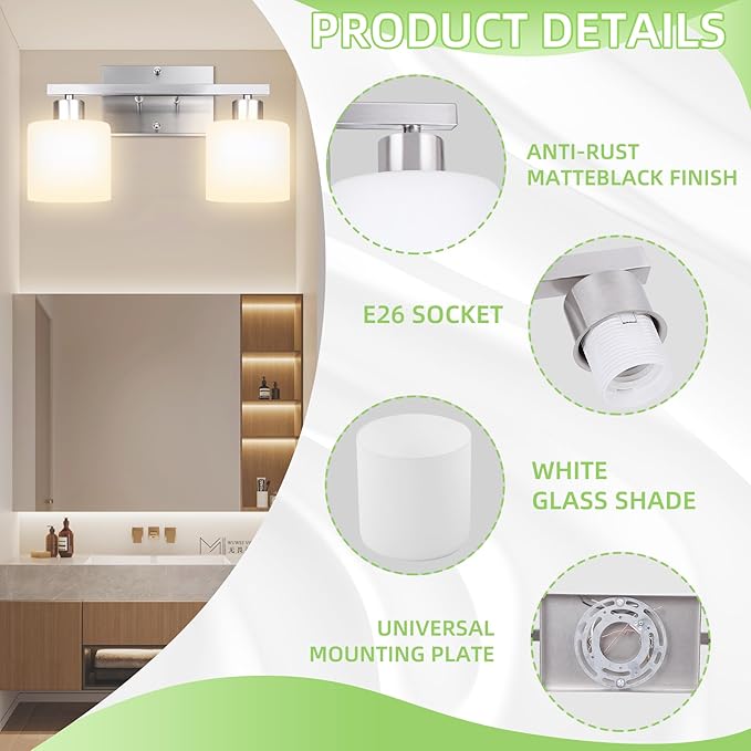 CANMEIJIA 2-Light Bathroom Vanity Light Fixtures Brushed Nickel, Morden Vanity Wall Scones Lighting for Bedroom Living Room, Vanity Lights with Milky White Glass Shades, E26 Socket, Bulbs Not Included