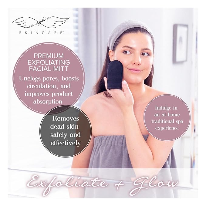 Seraphic Skincare Premium Exfoliating Facial Mitt (1pc) – Dual-Sided Face Scrubber Exfoliator & Dead Skin Remover, Makeup Remover for Gentle Cleansing & Exfoliation – Korean Face Exfoliating Glove
