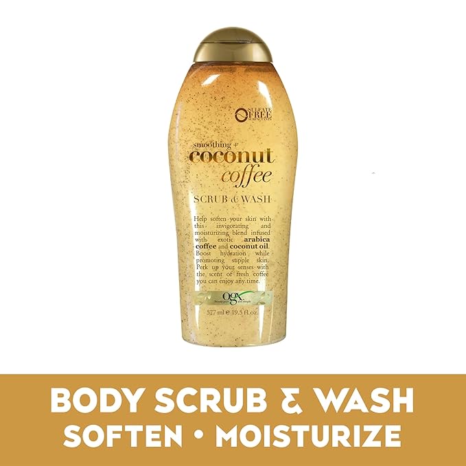 OGX Smoothing + Coconut Coffee Exfoliating Daily Body Scrub with Arabica Coffee & Coconut Oil, Hydrating & Moisturizing Body Wash for Dry Skin, Paraben-Free with Sulfate-Free Surfactants, 19.5 Fl Oz