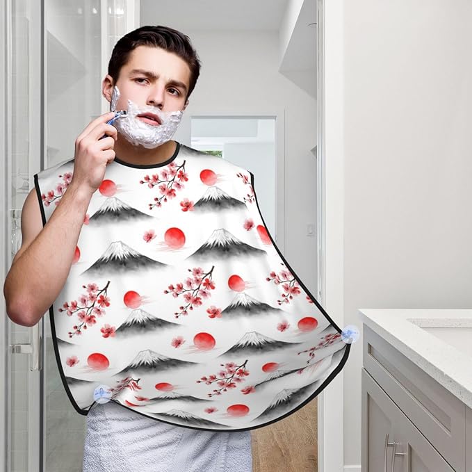 No-Slip Shaving Bib, Beard Grooming Apron with Strong Suction Cups, Japanese Blossom Watercolor Cherry Flower Mountain
