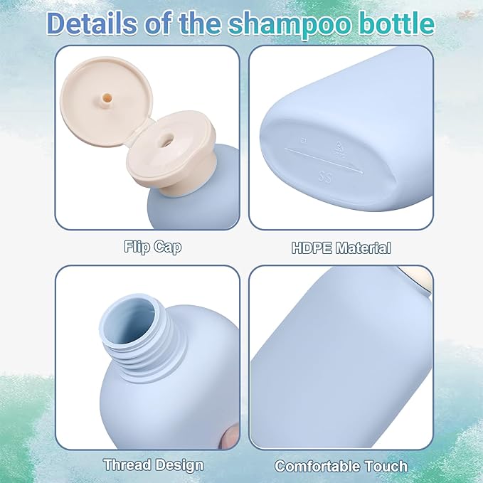 UMETASS 8.8 oz Plastic Travel Shampoo Bottles, Empty Plastic Squeeze Bottles with Flip Cap for Toiletries, Leakage-proof Travel Shampoo and Conditioner Bottles (4 pack, BLUE)