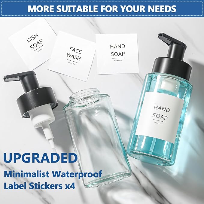 Foaming Soap Dispenser, 10 oz/300ml Foaming Hand Soap Dispenser, 2 Pack Glass Foaming Soap Dispenser for Bathroom & Kitchen, Clear Refillable Foam Soap Dispenser Bottle with Waterproof Labels