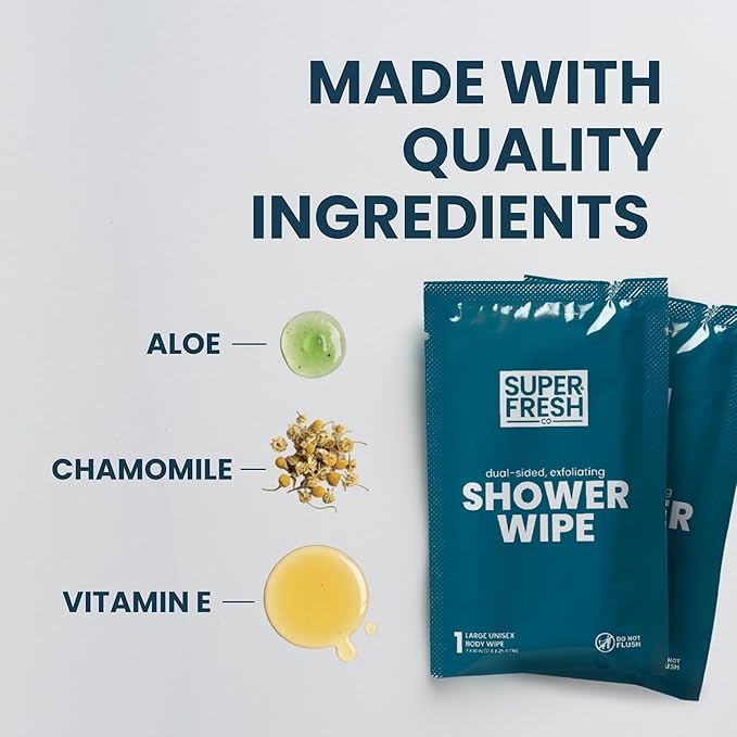Super Fresh Shower Body Wipes, Travel Essentials for Camping, Large Unscented for Adults, Women, Men, Kids Personal Hygiene Cloth Enriched with Aloe and Vitamin E, Individually Wrapped 20 Pack