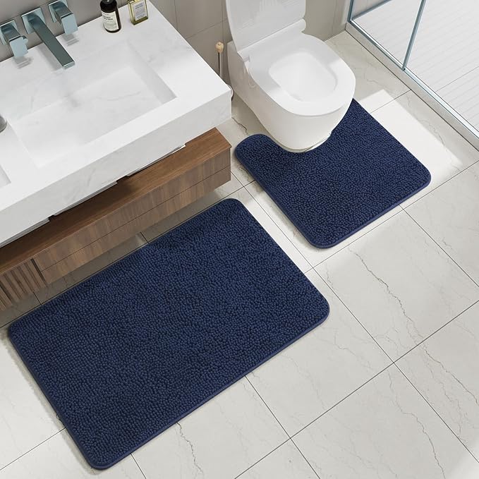 AROGAN Bathroom Rug Sets 2 Piece, 20"x20" U-Shaped Toilet Mat and 21"×34" Bath Mats Bathroom Floor Set, Washable Bath Rug, Absorbent Soft Non Slip Rug Set, Navy Blue